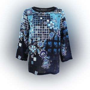 ALBERTA FERRETTI Blue Shades Bateau Neck Tunic Top Size Medium